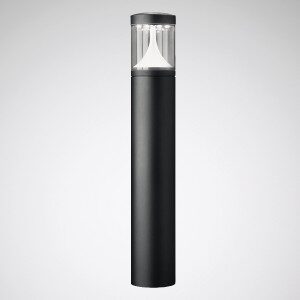 Modern svart cylindrisk pollare med klar topp och vit konisk diffusor, stilren och robust utomhusbelysning från PROLJUS AB, energieffektiv och idealisk för gångvägar och entréer