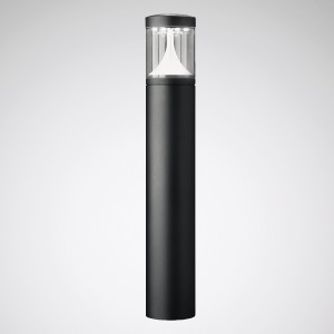 Modern svart cylindrisk pollare med klar topp och vit konisk diffusor, stilren och robust utomhusbelysning från PROLJUS AB, energieffektiv och idealisk för gångvägar och entréer