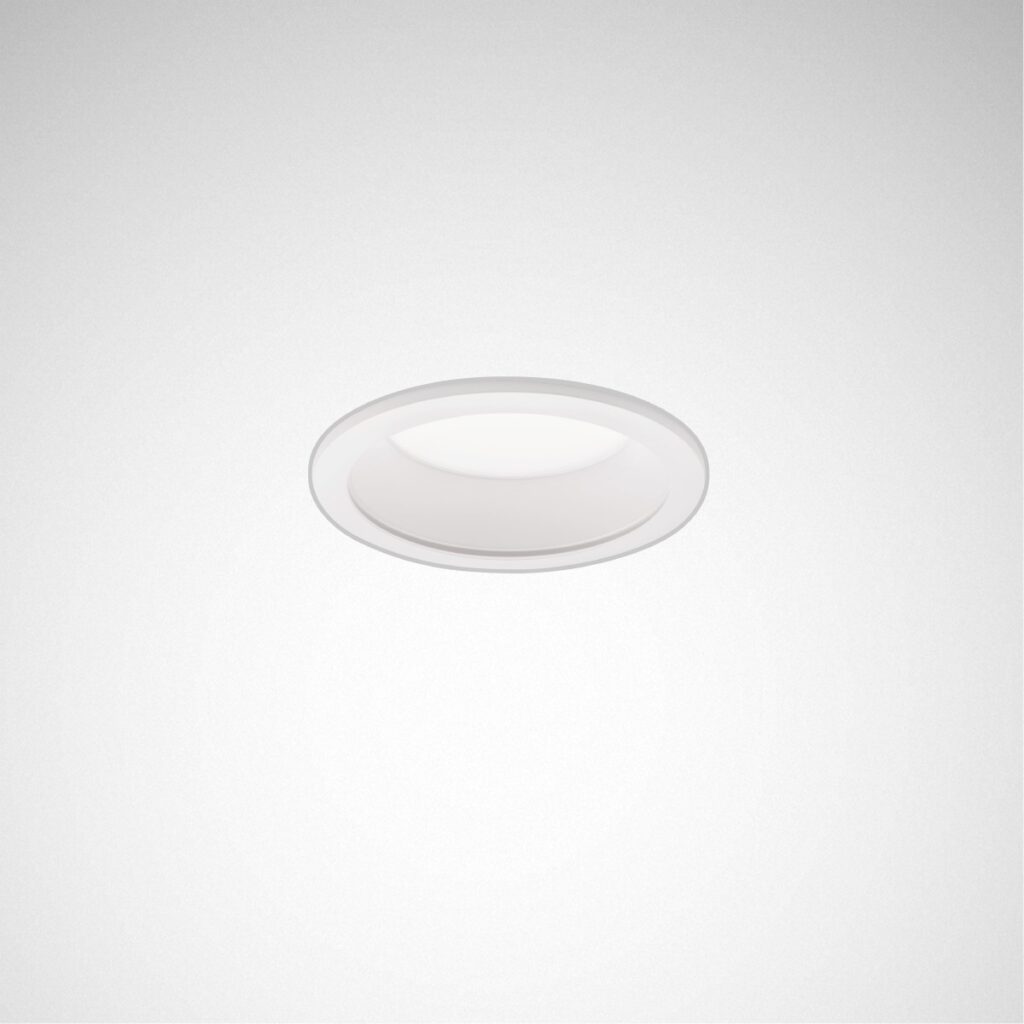 Infälld rund LED-armatur i vit lågprofil med mjukt och jämnt nedåtriktat sken, energieffektiv och stilren lösning för hem och kontor från PROLJUS AB