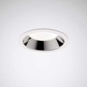 Infälld rund LED-downlight med vit ram och polerad kromreflektor som ger mjukt, bländfritt och energieffektivt ljus för kontor, butik och showroom, välj PROLJUS AB
