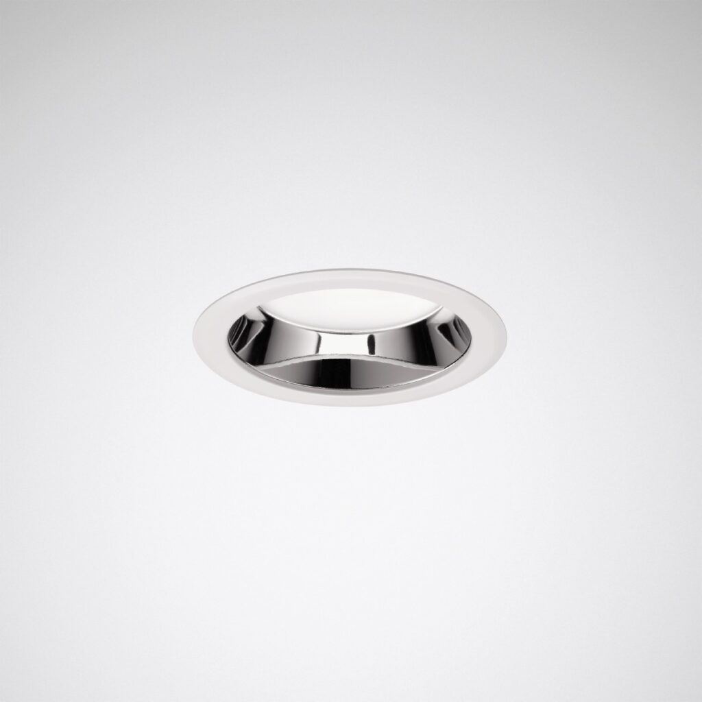 Infälld rund LED-downlight med blank kromreflektor och mjukt diffust vitt ljus, stilren och energieffektiv armatur från PROLJUS AB som förhöjer moderna takmiljöer