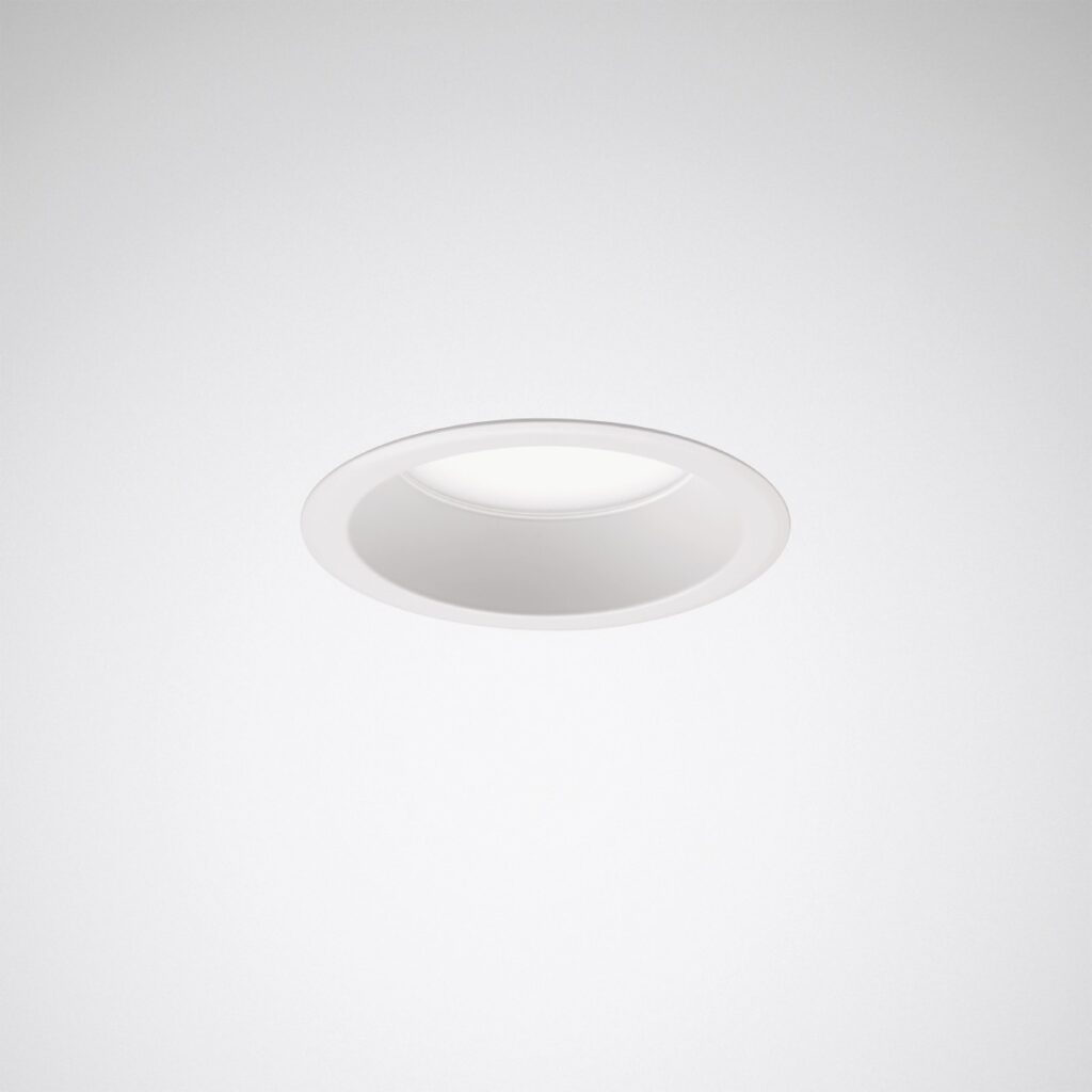 Infälld rund LED-downlight med vit slät kant och mjukt bländfritt nedåtriktat ljus, modern och energieffektiv armatur från PROLJUS AB, perfekt för hem och kommersiella miljöer