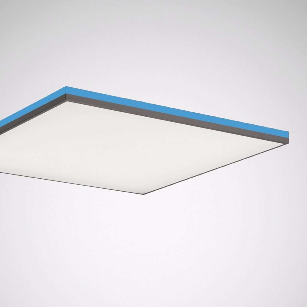 Modern tunn rektangulär LED-panel med jämnt bländfritt ljus och stilren grå ram med blå kant, energieffektiv och lätt att montera, perfekt för kontor och offentliga miljöer från PROLJUS AB