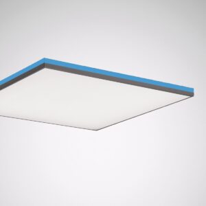 Modern tunn rektangulär LED-panel med jämnt bländfritt ljus och stilren grå ram med blå kant, energieffektiv och lätt att montera, perfekt för kontor och offentliga miljöer från PROLJUS AB