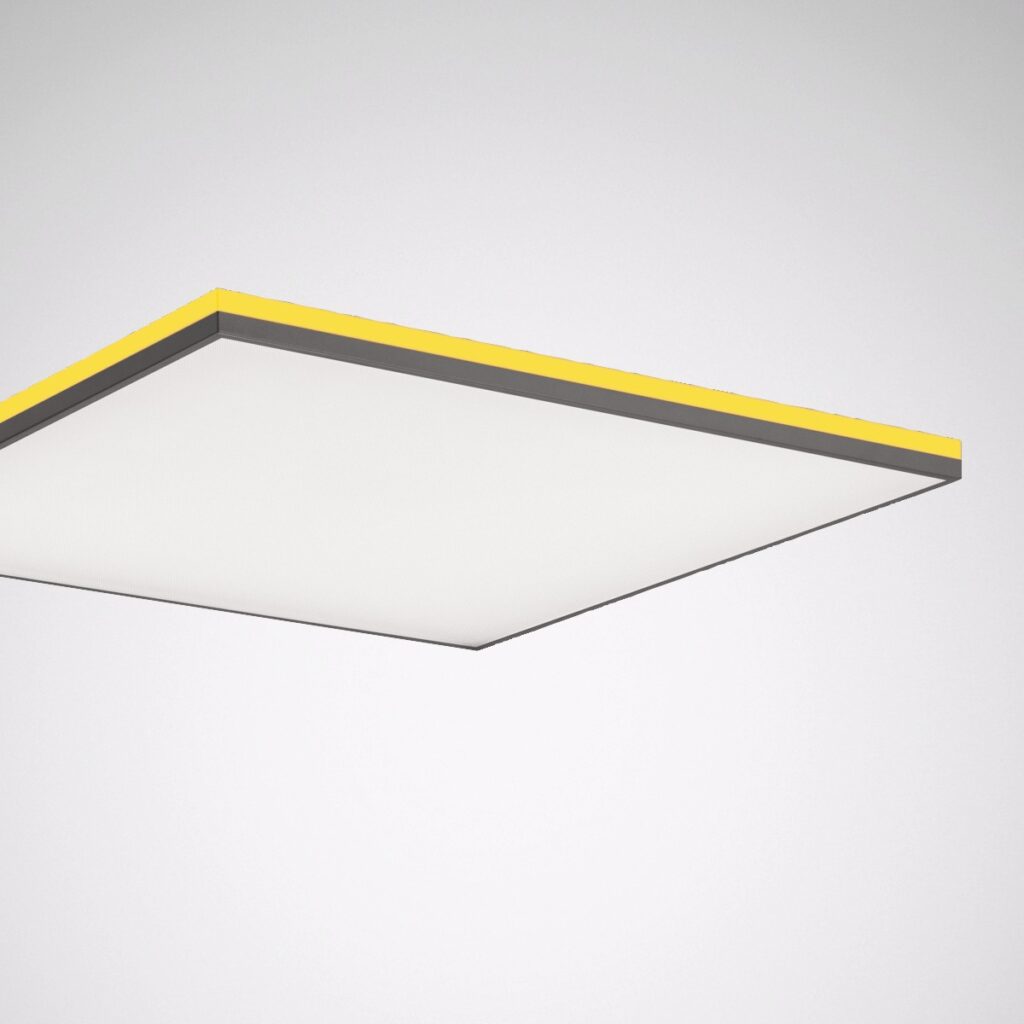 Modern slimmad kvadratisk LED-innertakspanel med diffus vit ljusyta och gul kant, energieffektiv och flimmerfri för kontor och offentliga miljöer från PROLJUS AB