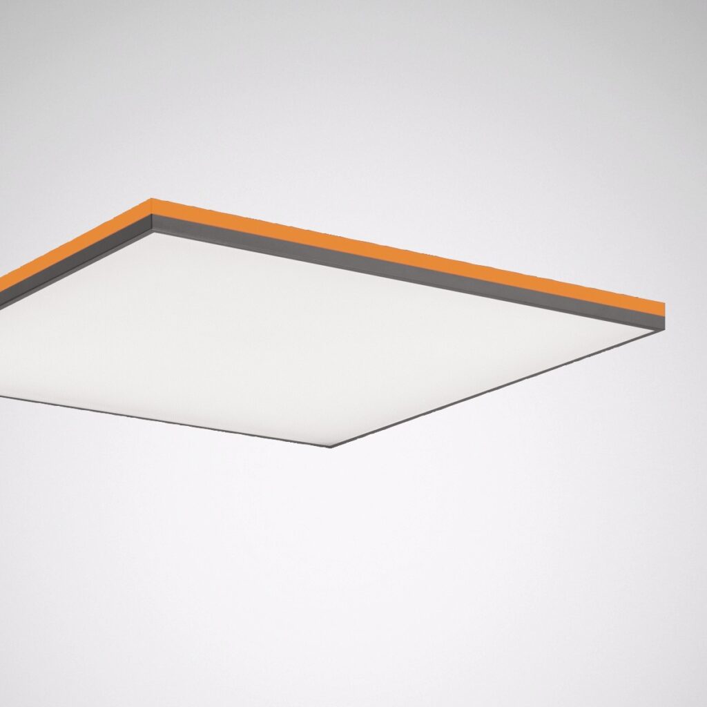 Tunn kvadratisk LED-armatur med opal diffusor och orange kant, energieffektiv och stilren belysningslösning från PROLJUS AB