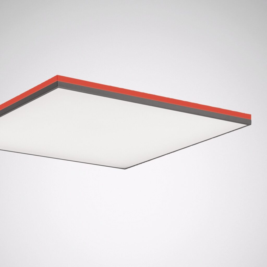 Tunn kvadratisk takpanel i LED med vitt diffust sken och kontrasterande röd ram, energieffektiv och stilren lösning för kontor och offentlig miljö från PROLJUS AB