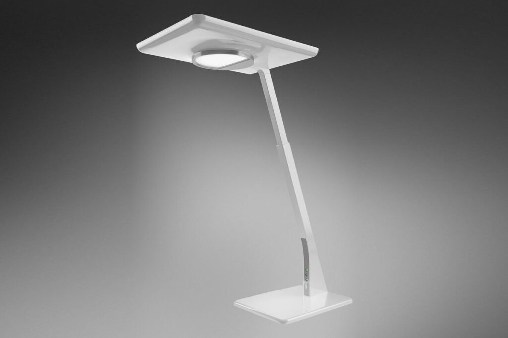 Vit modern LED-armatur för skrivbord med böjd justerbar arm och diffust runt ljus, energieffektiv och elegant design från PROLJUS AB