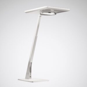 Stilren vit LED-skrivbordslampa från PROLJUS AB med tunn kvadratisk skärm och rund lins, vinklad aluminiumarm, tre gröna kontrollknappar och inbyggd USB-port, energieffektiv och perfekt för kontor och hemmakontor