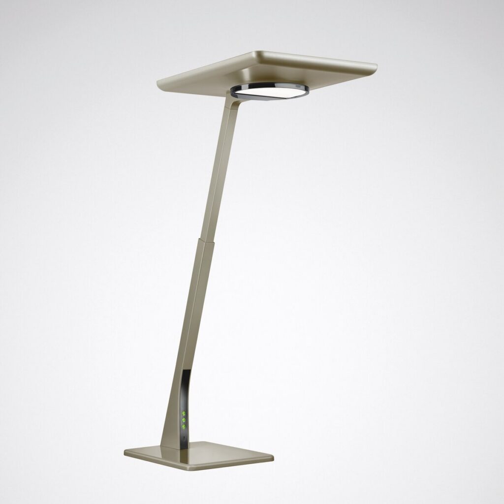 Energisnål modern justerbar LED‑skrivbordslampa i metall med touchknappar och kvadratisk bas på vit bakgrund.