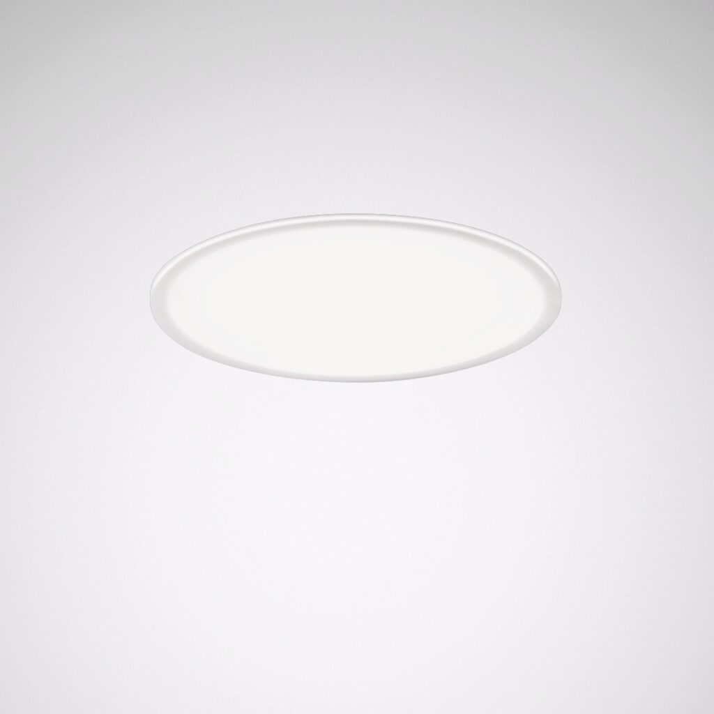 Infälld rund LED-plafond i vitt tak med slimmat lågprofil och jämnt bländfritt ljus, energieffektiv och stilren PROLJUS AB-armatur för kontor och hem