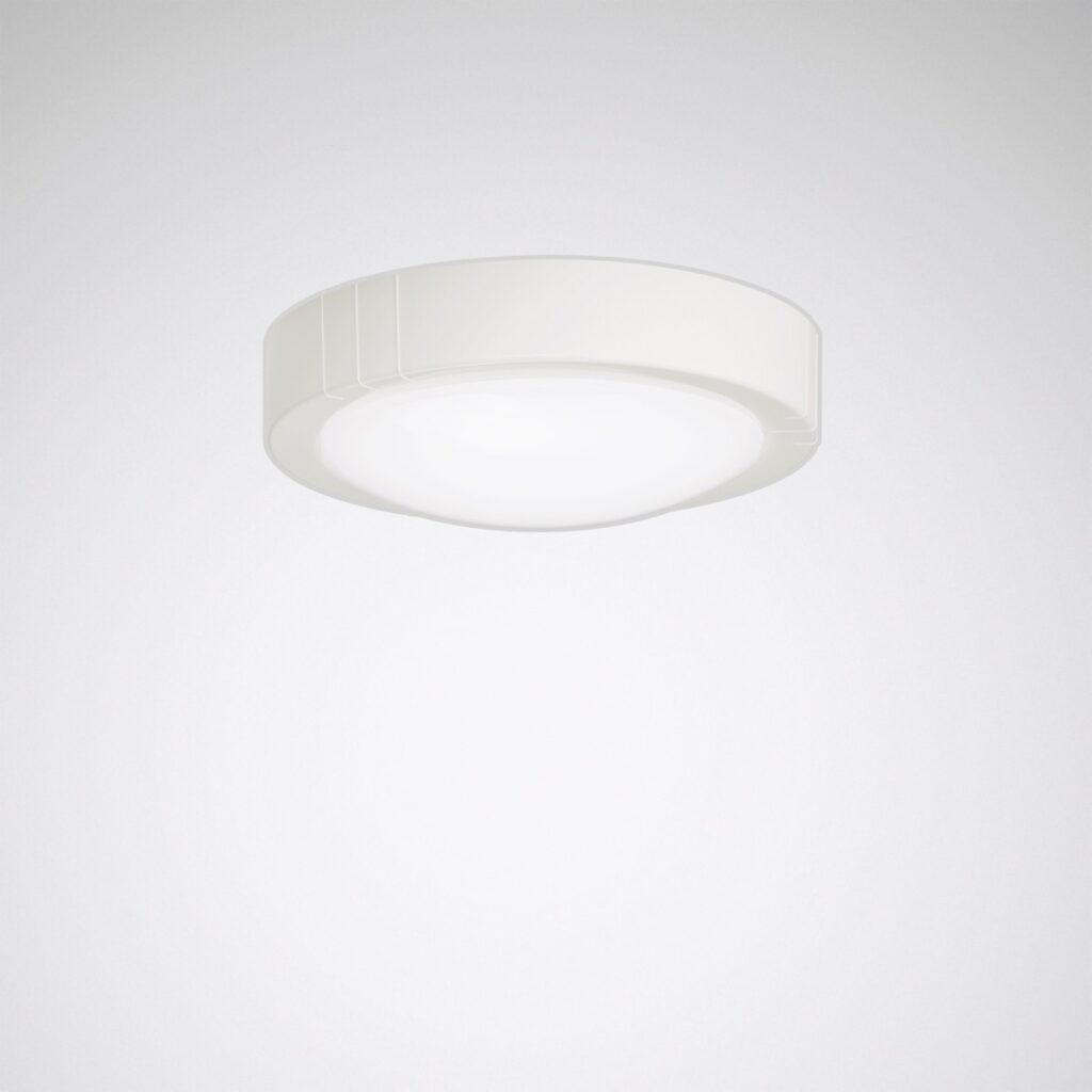 Vit cirkulär ytmonterad LED-takarmatur med mjukt diffust ljus och elegant energieffektiv design från PROLJUS AB, perfekt för hem och offentliga miljöer