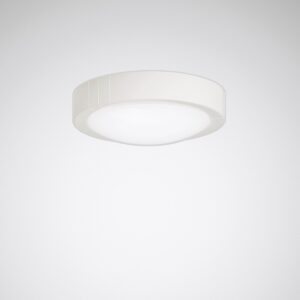 Vit cirkulär ytmonterad LED-takarmatur med mjukt diffust ljus och elegant energieffektiv design från PROLJUS AB, perfekt för hem och offentliga miljöer