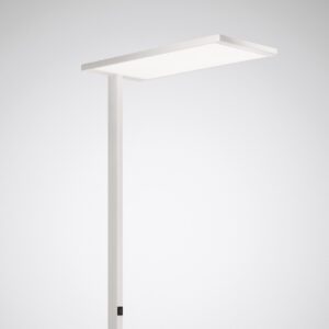 Vit modern golvlampa med tunt rektangulärt LED-panel som ger jämnt bländfritt arbetsljus, smalt stativ med diskret dimmer perfekt för kontor och hem från PROLJUS AB