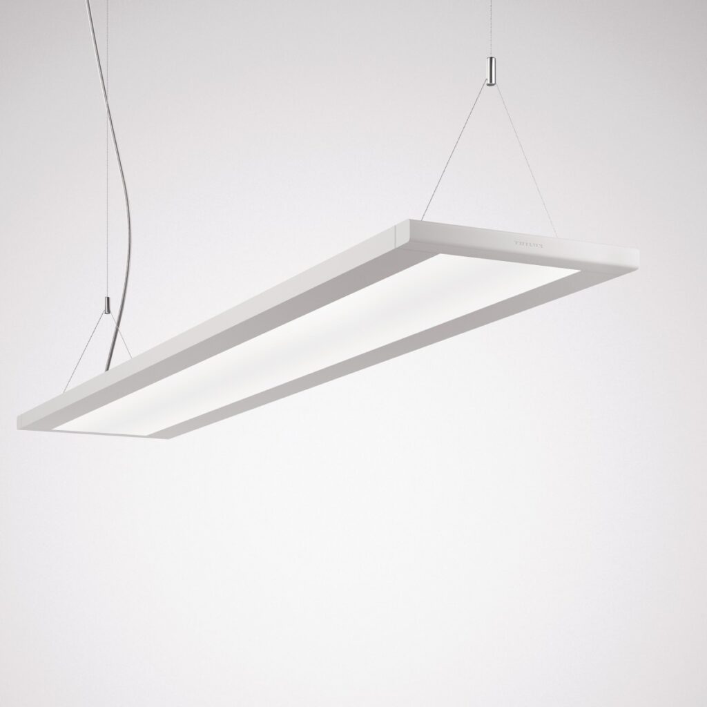 Hängande smal rektangulär LED-armatur från PROLJUS AB, minimalistisk vit ram och diffust bländfritt ljus, energieffektiv och perfekt för kontor, skolor och moderna arbetsmiljöer