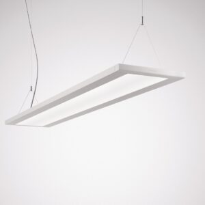 Hängande smal rektangulär LED-armatur från PROLJUS AB, minimalistisk vit ram och diffust bländfritt ljus, energieffektiv och perfekt för kontor, skolor och moderna arbetsmiljöer