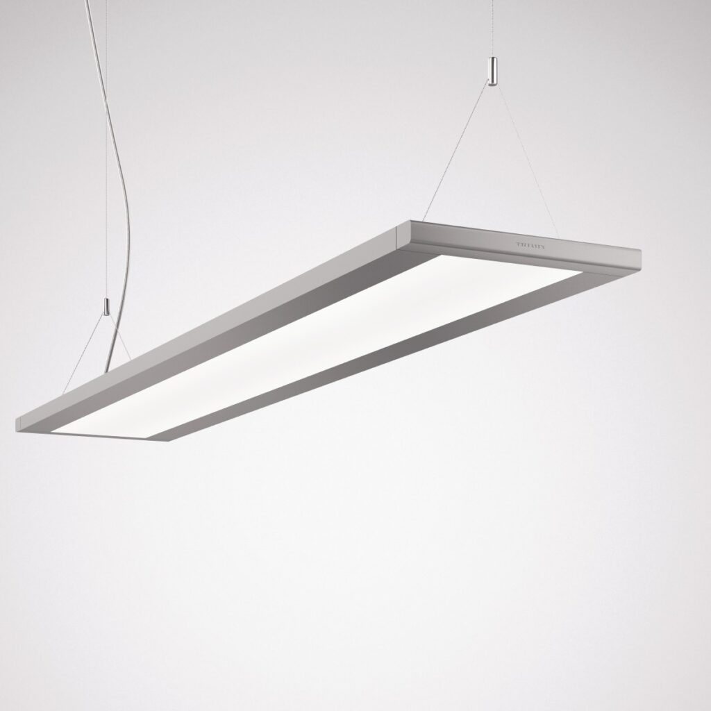 Hängande rektangulär LED-armatur i slimmad aluminiumram med mjukt jämnt nedåtriktat ljus, modern och energieffektiv lösning från PROLJUS AB