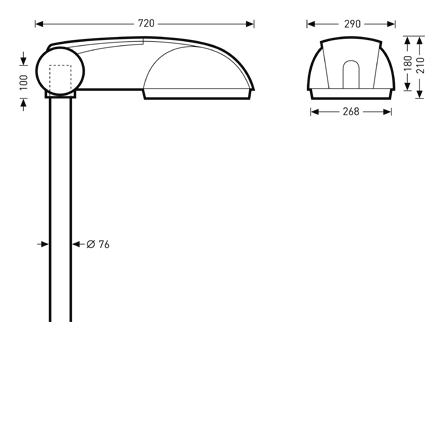 Sido- och frontvy av modern PROLJUS AB LED-armatur med slank design och tydliga mått (längd 720 mm, frontbredd 290 mm, basbredd 268 mm, höjd 100–210 mm, monteringsdiameter Ø76 mm), energieffektiv och vädertålig lösning idealisk för stadsmiljöer