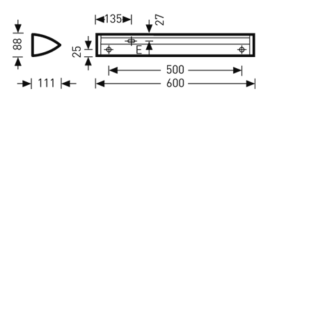 Teknisk ritning av smalt rektangulärt LED-armatur från PROLJUS AB med slät diffusor, synliga monteringshål och exakta måttangivelser 500/600 mm längd, 27 mm höjd och 25 mm djup, energieffektiv och stilren lösning för professionell belysning