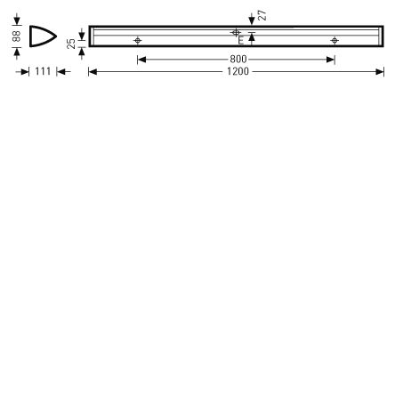 Teknisk ritning av PROLJUS ABs slimmade rektangulära LED-armatur 1200 mm lång med 800 mm monteringsavstånd och låg profil 27 mm, rundat ändstycke 111×88 mm, energieffektiv, robust och enkel att installera i kontor och industrimiljöer