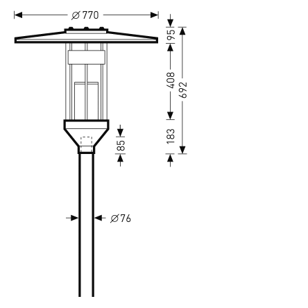 Teknisk skiss av PROLJUS AB:s utomhusarmatur med rund överdel Ø770 mm, klar mittsektion för jämn ljusspridning och slank stolpe Ø76 mm, total höjd cirka 692 mm, energieffektiv LED, väderbeständig och elegant design som passar parker och gångvägar