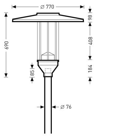 Modern och robust parkarmatur från PROLJUS AB, illustrerad med mått Ø770 mm i toppdiameter och totalhöjd 690 mm, elegant platt takskärm, slanka stödstänger och Ø76 mm monteringshylsa, energieffektiv och väderbeständig lösning för offentliga och kommersiella miljöer