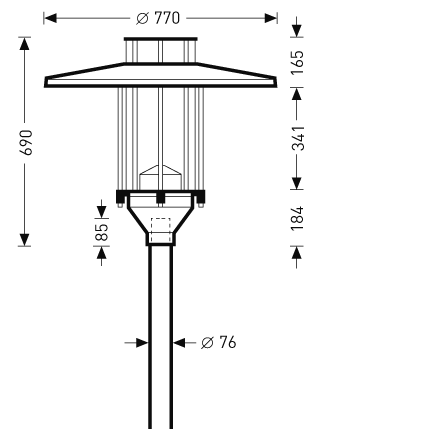 Teknisk ritning av PROLJUS AB:s utomhusarmatur med vid rund toppskärm Ø770 mm, vertikala stödstänger runt en central ljuskälla och monteringsstolpe Ø76 mm, tydliga måttangivelser samt en stilren, robust och lättmonterad konstruktion idealisk för offentliga miljöer och premiumträdgårdar från PROLJUS AB