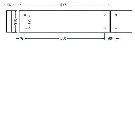 Teknisk ritning av en slank rektangulär LED‑armatur från PROLJUS AB, 1547 mm lång med 310 mm tvärsnitt och synliga monteringshål, energieffektiv och robust lösning för industri och lager, kontakta PROLJUS AB för offert