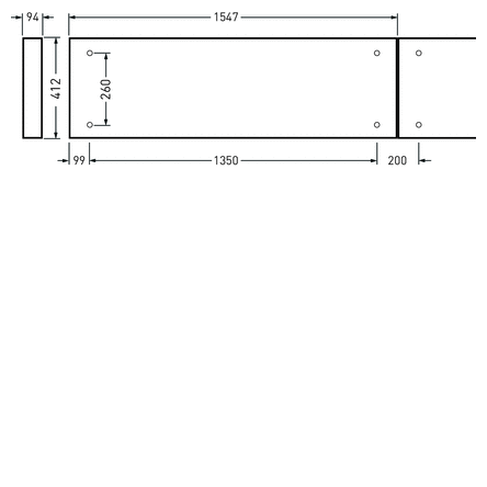 Teknisk ritning av en lång, slank linjärarmatur från PROLJUS AB med 1547 mm längd och 94 mm bredd, fyra monteringshål med 260 mm centrumavstånd och en 200 mm avslutningssektion, en effektiv och lättmonterad ljuslösning för industriella och kommersiella miljöer