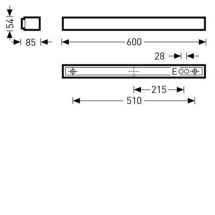 Teknisk ritning av PROLJUS AB:s smala LED-armatur med måtten 600 × 85 × 54 mm, montagehål med 510 mm centrumavstånd och kabelgenomföring 28 mm från kant, energieffektiv och robust för kontor och industrimiljöer, en kvalitetsprodukt från PROLJUS AB