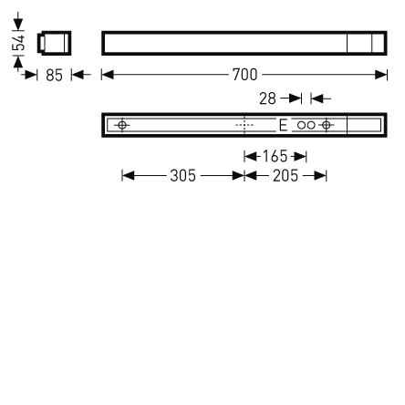 Linjeformad LED-armatur från PROLJUS AB, 700 mm lång, profil 54 mm hög och 85 mm djup, ritning visar monteringshål med mått 305 mm och 165 mm för enkel installation, energieffektiv och robust armatur för kontor, butik och industrimiljöer