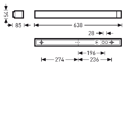 Smal rektangulär LED-armatur med måtten 638×85×54 mm, infälld ändbox 28 mm från kanten och monteringshålsavstånd 274 mm respektive 236 mm, stilren modern design för kontor och butik, hög kvalitet från PROLJUS AB