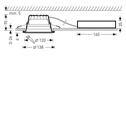 Snittdiagram av PROLJUS infälld LED-armatur med fjäderclips och separat drivdon, visar urtag Ø120 mm, yttermått Ø138 mm, drivdon 165 mm och taktjocklek 3–26 mm, robust och enkel att installera för professionella belysningsprojekt från PROLJUS AB