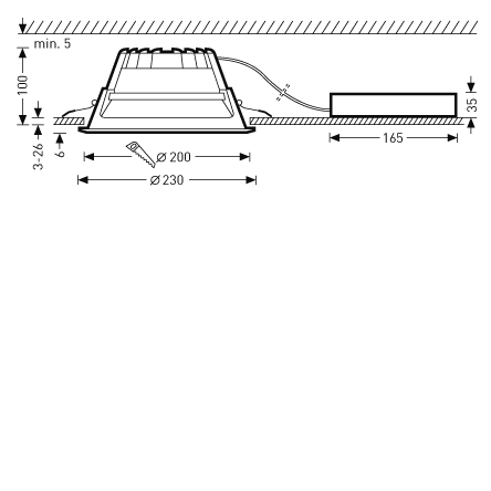 Snittbild av infälld rund LED-armatur från PROLJUS AB med monteringsmått Ø200/Ø230 mm, lämplig för taktjocklek 3–26 mm, separat drivdon anslutet med 165 mm kabel, 35 mm drivdonshöjd och 100 mm fritt utrymme ovanför tak, energieffektiv och enkel att installera för professionella projekt