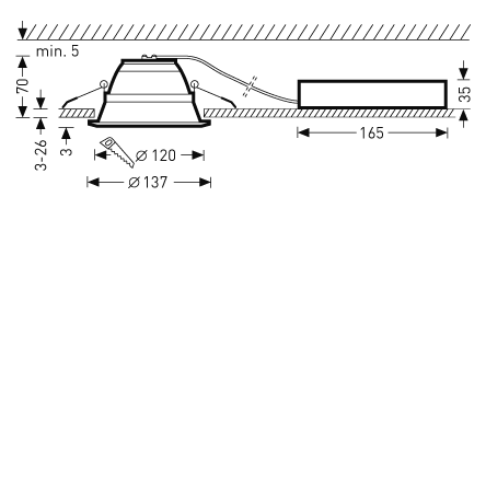 Teknisk tvärsnittsbild av en infälld LED-downlight med fjäderclips och separat drivdon anslutet med kabel, utsparningsmått Ø120 mm och yttermått Ø137 mm, infällningsdjup 70 mm och driver 165×35 mm, anpassbar för taktjocklek 3–26 mm, energieffektiv och lätt att montera, robust och professionell kvalitet från PROLJUS AB