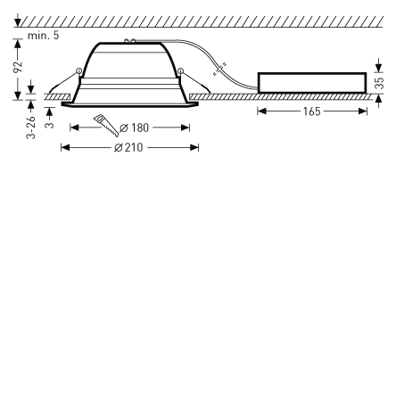 Teknisk illustration av PROLJUS infälld LED-downlight med fjäderklämmor och separat drivdon, tydliga mått för installation: infällningshål Ø180 mm, yttermått Ø210 mm, installationsdjup 92 mm, taktjocklek 3–26 mm och 165 mm kabel till drivdonet, energieffektiv och lättmonterad lösning för professionella installationer från PROLJUS AB