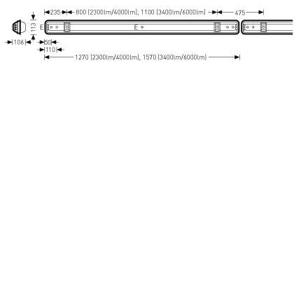 Ritning av slimmad modulär LED-armatur i flera längder och ljusstyrkor 2300/4000/3400/6000 lm med monteringsmått och kopplingspunkter, energieffektiv och flexibel lösning för kontor och industri från PROLJUS AB