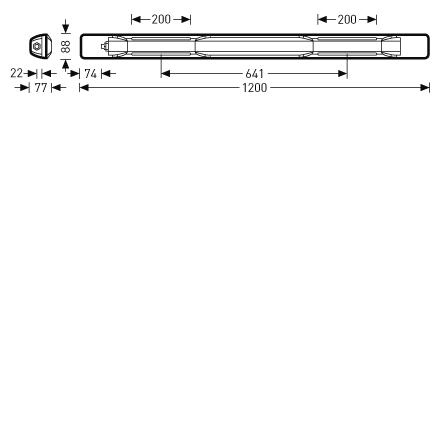 Teknisk ritning av 1200 mm linjär LED-armatur från PROLJUS AB visas med mått 1200 × 88 mm, monteringspunkter inklusive 200 mm från ändarna och 641 mm mellan fästen, robust opal kåpa och ändlock, energieffektiv och lätt att montera i industriella och kommersiella miljöer