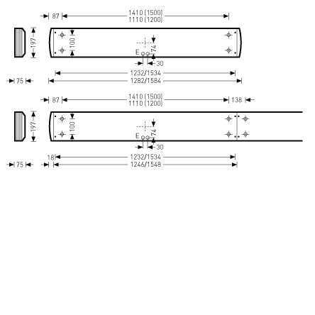 Teknisk ritning av två linjära LED-armaturer från PROLJUS AB med exakta mått och monteringspunkter, visar längder 1110–1500 mm, djup 75–197 mm och centrumavstånd, stilren och robust design för industriell och kommersiell belysning, energieffektiv och lätt att montera