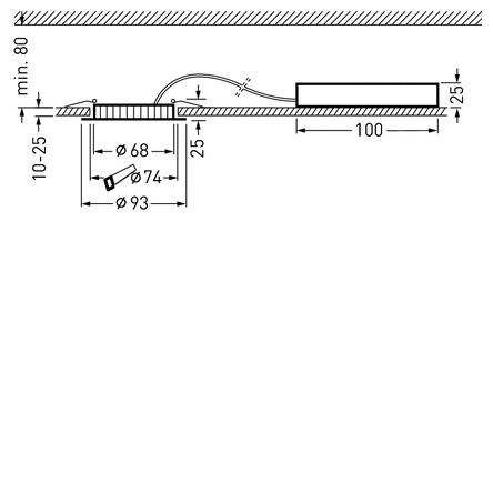 Tvärsnittsritning av en infälld LED-armatur med låg bygghöjd och separat drivdon, visar takmontage med utskärningsdiametrar Ø68–Ø93 mm och installationsdjup 10–25 mm, energieffektiv, diskret och enkel att montera från PROLJUS AB