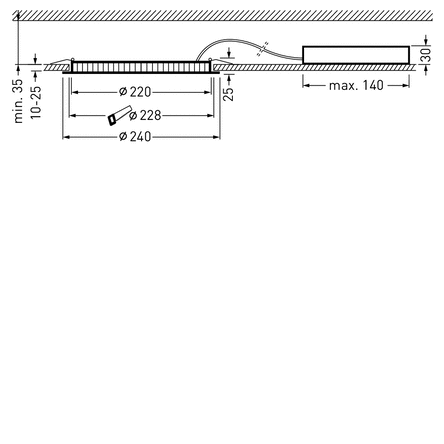 Tvärsnittsritning av en infälld rund LED-armatur från PROLJUS AB med mått för Ø220 mm och utskärning Ø228 mm, låg bygghöjd, separat drivdon upp till 140 mm bort och installationsdetaljer som visar enkel, professionell montering och energieffektiv design från PROLJUS AB