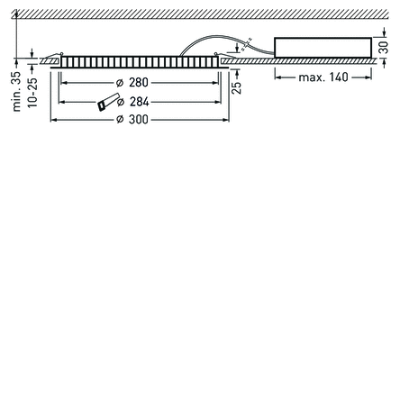 Teknisk sidovy av en rund infälld lågprofil LED-armatur från PROLJUS AB med kylflänsar och fjäderklämmor visar infästningsmått Ø280–300 mm, inbyggnadsdjup cirka 25 mm och separat drivdon som kan placeras upp till 140 mm från armaturen, enkel och snabb montering för professionella installationer