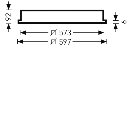 Rektangulär infälld LED-armatur från PROLJUS AB med profilhöjd 92 mm, 6 mm tunn kant och infällningsmått Ø573–Ø597 mm, energieffektiv och stilren lösning för moderna kontor och butiker