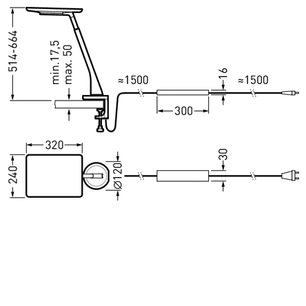 Teknisk ritning av PROLJUS skrivbordslampa med lång justerbar arm och klämfäste, höjd 514–664 mm och klämdjup 17,5–50 mm, tunn armaturhuvud för riktat ljus, extern transformator med 300 mm mellanstycke och kabellängder cirka 1500 mm åt vardera håll, stilren och robust design perfekt för kontor och arbetsplatser från PROLJUS AB