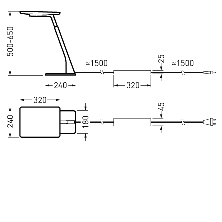 Teknisk ritning av en modern PROLJUS bordslampa med slank z-formad arm, platt rektangulärt ljusfält, stabil fot och extern nätdel med cirka 1,5 m kabel, höjdjusterbar 500–650 mm och bas 240 mm, energieffektiv och stilren belysning perfekt för kontor och arbetsplats från PROLJUS AB