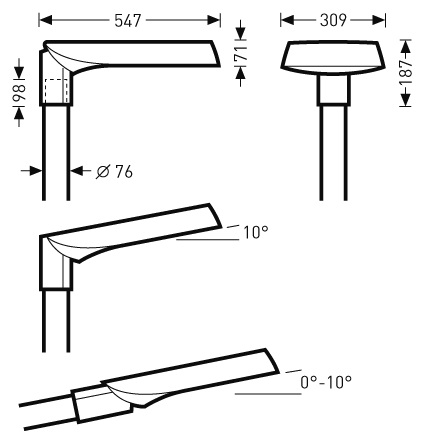Teknisk illustration av en modern gatlampa från PROLJUS AB med strömlinjeformad armatur och måttangivelser (längd 547 mm, bredd 309 mm, höjd 187 mm), anpassad för Ø76 mm stolpe, vinklingsbar 0–10° för riktad och energieffektiv belysning samt robust design för gator och offentliga miljöer