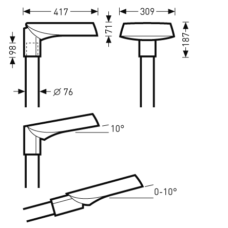 Teknisk illustration av PROLJUS ABs moderna, energieffektiva gatubelysning med strömlinjeformat armaturhuvud 417 mm långt och 309 mm brett, totalhöjd cirka 187 mm, stolprör Ø76 mm, monteringshöjd 98 mm och justerbar lutning 0–10° för flexibel ljusstyrning och optimal ljusfördelning