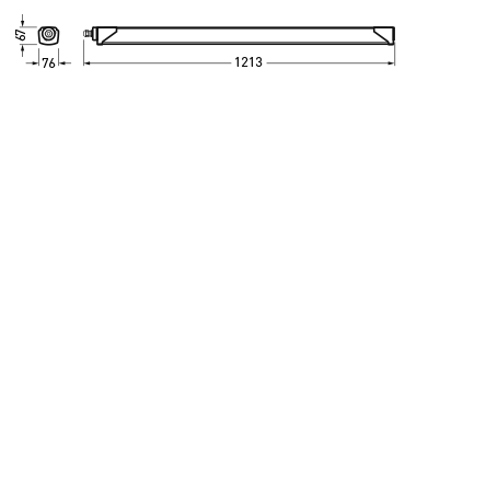 Teknisk ritning av PROLJUS AB:s slimmade linjära LED-armatur med rektangulärt tvärsnitt 76×67 mm och längd 1213 mm, energieffektiv och robust för kontor, lager och industrimiljöer, enkel att installera