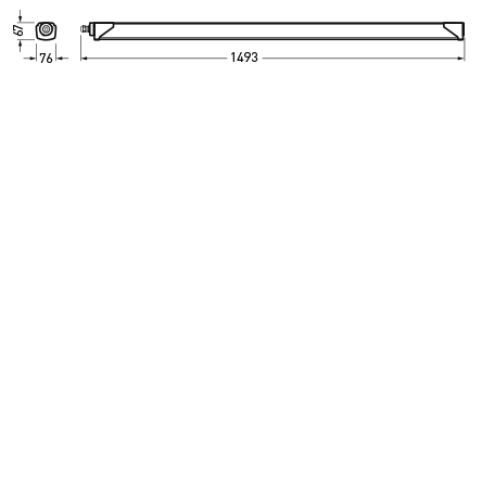 Teknisk vy av en linjär LED-armatur från PROLJUS AB, 1493 mm lång med tvärsnitt 76×67 mm, energieffektiv, robust och enkel att montera för industri- och kontorsmiljöer