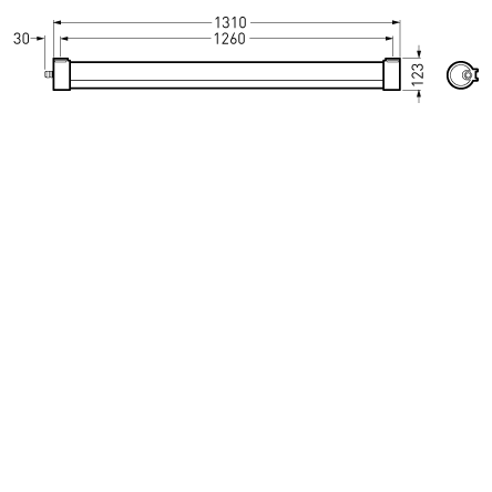 Teknisk ritning av en rak LED-armatur från PROLJUS AB, total längd 1310 mm med monteringsmått 1260 mm, höjd 123 mm, kompakt design med ändkåpor och cirkulärt fäste, energieffektiv och lättmonterad för industri och kontor